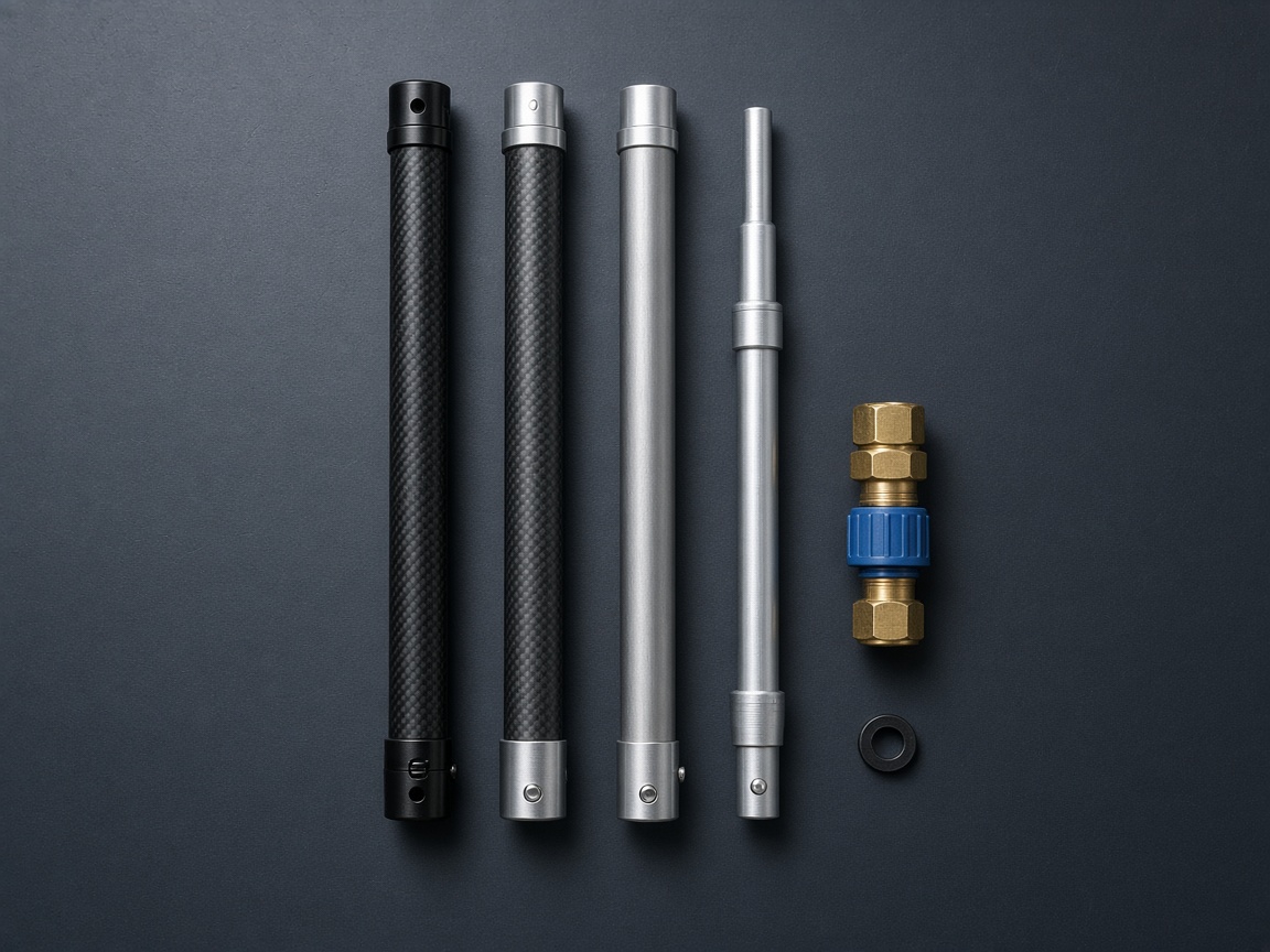 Pole sections and a hose coupler on a bench