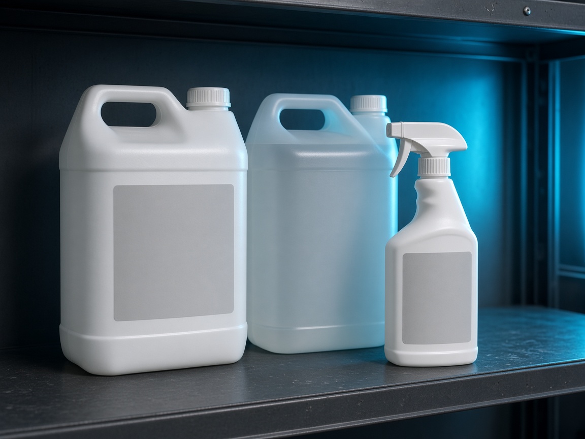 Unbranded chemical jugs and a stain-remover bottle